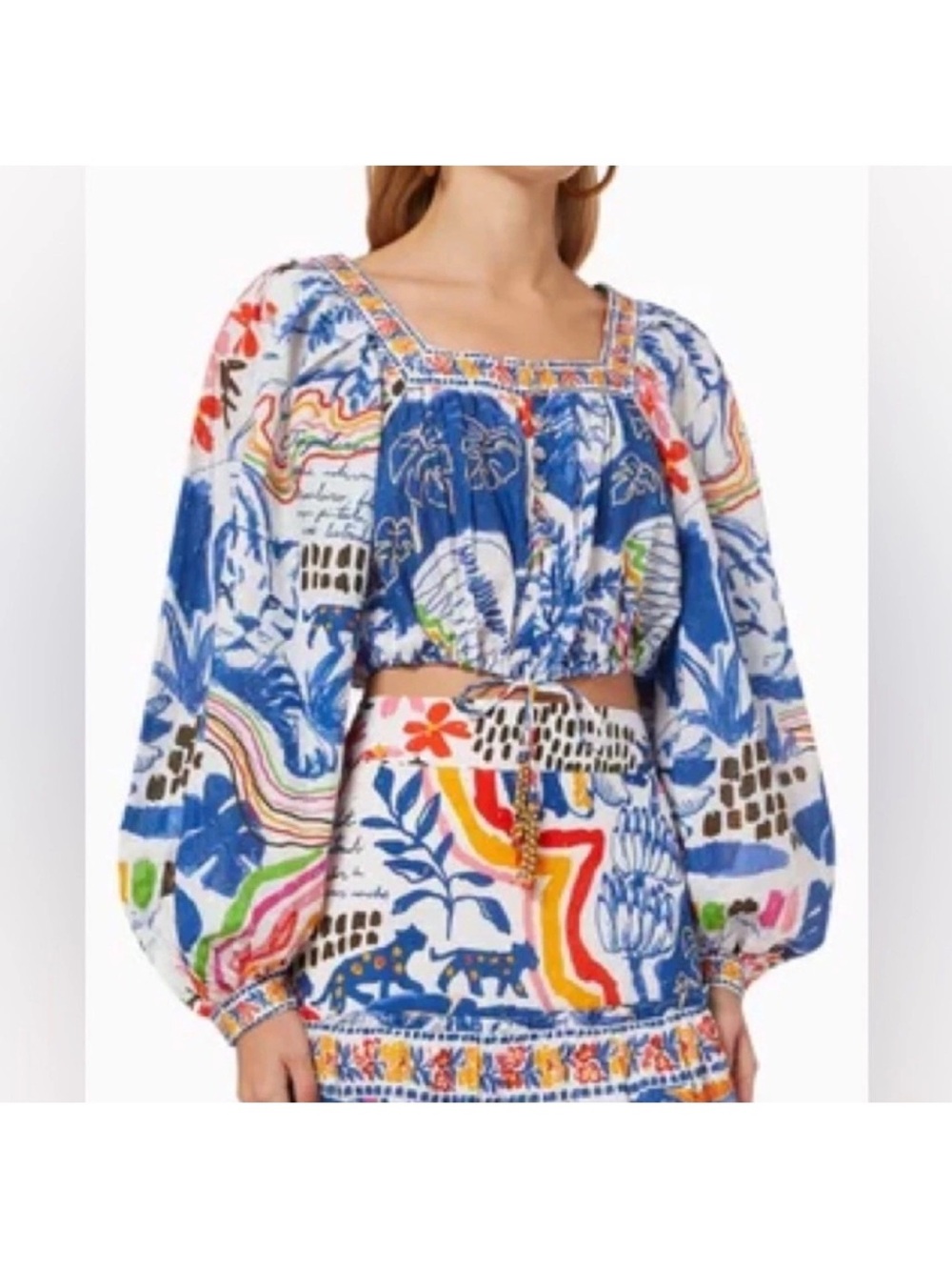 FARM Rio Wild Brazil Crop Top Square Neck Balloon Sleeve Top Womens XL boho